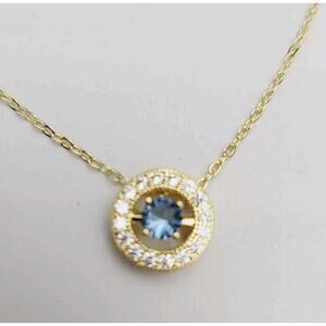 Delicate Round Cut Blue Crystal Halo Pendant 14K Yellow Gold Finish 18" Chain